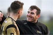 14 February 2023; Kieran Colclough of TUS Midlands celebrates with TUS Midlands GAA evelopment offcer Kieran Martin after the Electric Ireland HE Trench Cup Semi-Final match between TUS Midlands and TUS Midwest at SETU West Campus in Waterford. Photo by Brendan Moran/Sportsfile