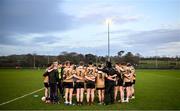 14 February 2023; TUS Midlands huddle on the pitch after the Electric Ireland HE Trench Cup Semi-Final match between TUS Midlands and TUS Midwest at SETU West Campus in Waterford. Photo by Brendan Moran/Sportsfile
