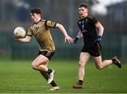 14 February 2023; Matthew Whittaker of TUS Midlands in action against Barry Coleman of TUS Midwest during the Electric Ireland HE Trench Cup Semi-Final match between TUS Midlands and TUS Midwest at SETU West Campus in Waterford. Photo by Brendan Moran/Sportsfile