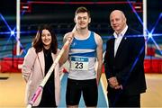 15 February 2023; (EDITOR'S NOTE; This image was created using a special effects camera filter) Pole vaulter Matthew Callinan Keenan of St Laurence O'Toole AC, Carlow, centre, pictured alongside 123.ie Marketing Communications Manager Michelle Molloy, and Athletics Ireland Chief Executive Officer Hamish Adams at the media day in advance of this weekend's 123.ie National Senior Indoor Championships which take place at the Sport Ireland National Indoor Arena in Dublin on February the 18th and 19th 2023. Photo by Sam Barnes/Sportsfile