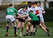 15 February 2023; Peader Glennon of Midlands in action against Jack Young of South East, right, during the Leinster Rugby Shane Horgan Round Four match between Midlands and South East at Skerries RFC in Skerries, Dublin. Photo by Piaras Ó Mídheach/Sportsfile
