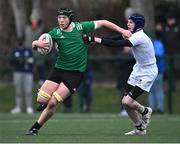 15 February 2023; James Kehoe of South East in action against Jack Gorman of Midlands during the Leinster Rugby Shane Horgan Round Four match between Midlands and South East at Skerries RFC in Skerries, Dublin. Photo by Piaras Ó Mídheach/Sportsfile