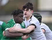 15 February 2023; Caleb Oglesby of South East in action against Derek Belton of Midlands during the Leinster Rugby Shane Horgan Round Four match between Midlands and South East at Skerries RFC in Skerries, Dublin. Photo by Piaras Ó Mídheach/Sportsfile