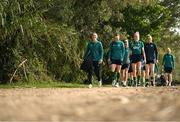 15 February 2023; Players, from left, Megan Campbell, Ciara Grant, Jamie Finn, Denise O'Sullivan and Megan Connolly arrive for a Republic of Ireland women training session at Dama de Noche Football Center in Marbella, Spain. Photo by Stephen McCarthy/Sportsfile
