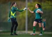 15 February 2023; Goalkeeper Megan Walsh and Áine O'Gorman, right, during a Republic of Ireland women training session at Dama de Noche Football Center in Marbella, Spain. Photo by Stephen McCarthy/Sportsfile