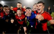 15 February 2023; UCC players, from left, Rian Quigley, Daniel O'Mahony, Ruairi Murphy, Dylan Foley and Sean Quilter celebrate after the Electric Ireland HE GAA Sigerson Cup Final match between University of Limerick and University College Cork at WIT Sports Campus in Waterford. Photo by Brendan Moran/Sportsfile