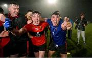 15 February 2023; UCC players, from left, Rian Quigley, Ruairi Murphy, and Dylan Foley celebrate after the Electric Ireland HE GAA Sigerson Cup Final match between University of Limerick and University College Cork at WIT Sports Campus in Waterford. Photo by Brendan Moran/Sportsfile