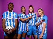 30 January 2023; Players, from left, Vanessa Ogbonna, Neema Nyangasi, Robyn Bolger and Freya Roche pose for a portrait during a DLR Waves squad portrait session at Beckett Park in Cherrywood, Dublin. Photo by Stephen McCarthy/Sportsfile