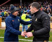 12 February 2023; Tipperary manager Liam Cahill and Kilkenny manager Derek Lyng shake hands after the Allianz Hurling League Division 1 Group B match between Kilkenny and Tipperary at UPMC Nowlan Park in Kilkenny. Photo by Piaras Ó Mídheach/Sportsfile