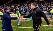 12 February 2023; Tipperary manager Liam Cahill and Kilkenny manager Derek Lyng shake hands after the Allianz Hurling League Division 1 Group B match between Kilkenny and Tipperary at UPMC Nowlan Park in Kilkenny. Photo by Piaras Ó Mídheach/Sportsfile