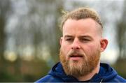 16 February 2023; Finlay Bealham speaking during an Ireland rugby media conference at the IRFU High Performance Centre on the Sport Ireland Campus in Abbotstown, Dublin. Photo by Seb Daly/Sportsfile