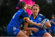 16 February 2023; Robyn O'Connor of Leinster, right, celebrates with teammate Emma Brogan after scoring her side's third try during the U18 Girls Interprovincial match between Leinster and Munster at Terenure College in Dublin. Photo by Harry Murphy/Sportsfile
