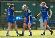 16 February 2023; Leinster players, from left, Emma Brogan, Caoimhe McCormack and Katie Corrigan after their side's victory in the U18 Girls Interprovincial match between Leinster and Munster at Terenure College in Dublin. Photo by Harry Murphy/Sportsfile