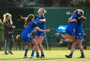 16 February 2023; Leinster players, from left, Abby Healy, Katie Corrigan, Emma Brogan and Katie Corrigan after their side's victory in the U18 Girls Interprovincial match between Leinster and Munster at Terenure College in Dublin. Photo by Harry Murphy/Sportsfile