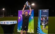 15 February 2023; TUS Midlands captain Shane Allen lifts the cup after the Electric Ireland HE Trench Cup Final match between Dundalk Institute of Technology and Technological University of the Shannon Midlands at SETU West Campus in Waterford. Photo by Brendan Moran/Sportsfile