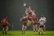 15 February 2023; Ruairi Murphy of UCC contests a kickout with Connell Dempsey and Brian McNamara of UL during the Electric Ireland HE GAA Sigerson Cup Final match between University of Limerick and University College Cork at WIT Sports Campus in Waterford. Photo by Brendan Moran/Sportsfile