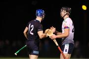 16 February 2023; Sean Walsh of SETU Waterford shakes hands with Mark Fitzgerald of University of Limerick after the Electric Ireland HE GAA Fitzgibbon Cup Semi-Final match between SETU Waterford and UL at SETU West Campus in Waterford. Photo by Michael P Ryan/Sportsfile