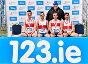 12 February 2023; Athletices Ireland president John Cronin with the Galway City Harriers scoring runners from left, John Moroney, Conor Byrne, Andrew O'Donnghaile and Aaron Brennan after they finished third in the intermediate men's club team competition during the 123.ie National Intermediate, Masters & Juvenile B Cross Country Championships at Gowran Demense in Kilkenny. Photo by Sam Barnes/Sportsfile