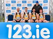12 February 2023; Athletices Ireland president John Cronin with the Annadale Strides scoring runners from left, Timothy Johnston, Luke Dinsmore, Adam Spratt and Jimmy Sloan after they finished first in the intermediate men's club team competition during the 123.ie National Intermediate, Masters & Juvenile B Cross Country Championships at Gowran Demense in Kilkenny. Photo by Sam Barnes/Sportsfile