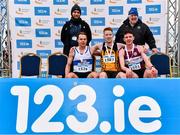 12 February 2023; Athletices Ireland president John Cronin, back right, and Athletics Ireland Chair of Competitions Andrew Lynam, back left, with Intermediate men's 8000m medallists, Luke Dinsmore of Annadale Striders, Antrim, gold, Pat Hennessy of West Waterford AC, Waterford, silver, and Vinny Connolly of Mullingar Harriers AC, Westmeath, bronze, during the 123.ie National Intermediate, Masters & Juvenile B Cross Country Championships at Gowran Demense in Kilkenny. Photo by Sam Barnes/Sportsfile