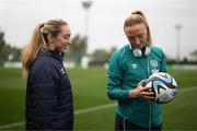 17 February 2023; Louise Quinn, right, and Megan Connolly of Republic of Ireland before a behind closed doors training match between Republic of Ireland and Germany at Marbella Football Centre in Marbella, Spain. Photo by Stephen McCarthy/Sportsfile