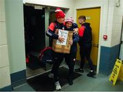 17 February 2023; Enda Curran of Treaty United is greeted on arrival by kit man Alan Clancy before the SSE Airtricity Men's First Division match between Treaty United and Bray Wanderers at Market's Field in Limerick. Photo by Michael P Ryan/Sportsfile