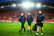 17 February 2023; Munster coaches, from left, head coach Graham Rowntree, forwards coach Andi Kyriacou and defence coach Denis Leamy arrive before the United Rugby Championship match between Munster and Ospreys at Thomond Park in Limerick. Photo by Harry Murphy/Sportsfile