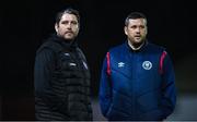 17 February 2023; Derry City head coach Ruaidhrí Higgins, left, and St Patrick's Athletic manager Tim Clancy before the SSE Airtricity Men's Premier Division match between St Patrick's Athletic and Derry City at Richmond Park in Dublin. Photo by Seb Daly/Sportsfile