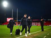 17 February 2023; Munster players, from left, Paddy Patterson, Ben Healy and Alex Kendellen arrive before the United Rugby Championship match between Munster and Ospreys at Thomond Park in Limerick. Photo by Harry Murphy/Sportsfile