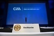 17 February 2023; A general view of the placecard for Uachtarán Chumann Lúthchleas Gael Larry McCarthy before the start of day one of the GAA Annual Congress 2023 at Croke Park in Dublin. Photo by Piaras Ó Mídheach/Sportsfile