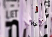 17 February 2023; A detailed view of the Dundalk crest on a jersey in the dressing room before the SSE Airtricity Men's Premier Division match between Dundalk and UCD at Oriel Park in Dundalk, Louth. Photo by Ben McShane/Sportsfile
