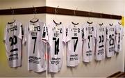 17 February 2023; A general view of Dundalk jerseys hanging in the dressing room before the SSE Airtricity Men's Premier Division match between Dundalk and UCD at Oriel Park in Dundalk, Louth. Photo by Ben McShane/Sportsfile