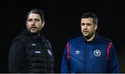 17 February 2023; St Patrick's Athletic manager Tim Clancy, right, and Derry City head coach Ruaidhrí Higgins before the SSE Airtricity Men's Premier Division match between St Patrick's Athletic and Derry City at Richmond Park in Dublin. Photo by Seb Daly/Sportsfile