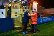 17 February 2023; Finn Harps steward Tommy Dullaghan with Galway assistant manager and former Finn Harps manager Ollie Horgan before the SSE Airtricity Men's First Division match between Finn Harps and Galway United at Finn Park in Ballybofey, Donegal. Photo by David Fitzgerald/Sportsfile