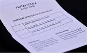 17 February 2023; A general view of a ballot paper for voting in the GAA presidential election during day one of the GAA Annual Congress 2023 at Croke Park in Dublin. Photo by Piaras Ó Mídheach/Sportsfile