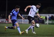 17 February 2023; Patrick Hoban of Dundalk in action against Brendan Barr of UCD during the SSE Airtricity Men's Premier Division match between Dundalk and UCD at Oriel Park in Dundalk, Louth. Photo by Ben McShane/Sportsfile