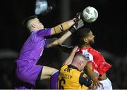 17 February 2023; Noah Lewis of St Patrick's Athletic in action against Derry City goalkeeper Brian Maher and Mark Connolly during the SSE Airtricity Men's Premier Division match between St Patrick's Athletic and Derry City at Richmond Park in Dublin. Photo by Seb Daly/Sportsfile