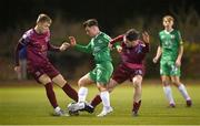 17 February 2023; Sean McGrath of Kerry FC is tackled by Michael McCarthy, left, and Dale Holland of Cobh Ramblers during the SSE Airtricity Men's First Division match between Kerry and Cobh Ramblers at Mounthawk Park in Tralee, Kerry. Photo by Brendan Moran/Sportsfile