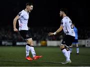 17 February 2023; John Martin of Dundalk celebrates with teammate Ryan O'Kane, right, after scoring their side's first goal during the SSE Airtricity Men's Premier Division match between Dundalk and UCD at Oriel Park in Dundalk, Louth. Photo by Ben McShane/Sportsfile