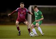 17 February 2023; Sean O'Connell of Kerry FC in action against Michael McCarthy of Cobh Ramblers during the SSE Airtricity Men's First Division match between Kerry and Cobh Ramblers at Mounthawk Park in Tralee, Kerry. Photo by Brendan Moran/Sportsfile