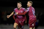 17 February 2023; Tiernan O'Brien McAllister of Cobh Ramblers, left, celebrates with teammate Jack Doherty after scoring their side's first goal during the SSE Airtricity Men's First Division match between Kerry and Cobh Ramblers at Mounthawk Park in Tralee, Kerry. Photo by Brendan Moran/Sportsfile