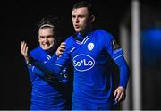 17 February 2023; Ryan Rainey of Finn Harps, right, celebrates with team mate Seamus Keogh after scoring their sides's first goal during the SSE Airtricity Men's First Division match between Finn Harps and Galway United at Finn Park in Ballybofey, Donegal. Photo by David Fitzgerald/Sportsfile