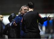 17 February 2023; Galway assistant manager Ollie Horgan remonstrates with linesman Richard Storey during the SSE Airtricity Men's First Division match between Finn Harps and Galway United at Finn Park in Ballybofey, Donegal. Photo by David Fitzgerald/Sportsfile