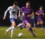 17 February 2023; Dean McMenamy of Waterford in action against Aaron Robinson of Wexford during the SSE Airtricity Men's First Division match between Wexford and Waterford at Ferrycarrig Park in Wexford. Photo by Matt Browne/Sportsfile
