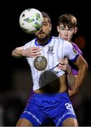 17 February 2023; Wassim Aouachria of Waterford in action against Matt Dunne of Wexford during the SSE Airtricity Men's First Division match between Wexford and Waterford at Ferrycarrig Park in Wexford. Photo by Matt Browne/Sportsfile