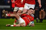 17 February 2023; Shane Daly of Munster scores his side's eighth try during the United Rugby Championship match between Munster and Ospreys at Thomond Park in Limerick. Photo by Sam Barnes/Sportsfile