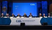 17 February 2023; Delegates at the top table, from left, John Joe O'Carroll, Ned Quinn, Ger Ryan, Ciarán McLaughlin, Uachtarán Chumann Lúthchleas Gael Larry McCarthy, Ard Stiúrthóir of the GAA Tom Ryan, GAA presidential candidate Pat Teehan, John Murphy and Noel O'Sullivan during day one of the GAA Annual Congress 2023 at Croke Park in Dublin. Photo by Piaras Ó Mídheach/Sportsfile