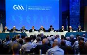 17 February 2023; Delegates at the top table, from left, John Joe O'Carroll, Ned Quinn, Ger Ryan, Ciarán McLaughlin, Uachtarán Chumann Lúthchleas Gael Larry McCarthy, Ard Stiúrthóir of the GAA Tom Ryan, GAA presidential candidate Pat Teehan, John Murphy and Noel O'Sullivan during day one of the GAA Annual Congress 2023 at Croke Park in Dublin. Photo by Piaras Ó Mídheach/Sportsfile