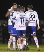 17 February 2023; Wassim Aouachria of Waterford, left, is congratulated by his team-mates after scoring his third goal during the SSE Airtricity Men's First Division match between Wexford and Waterford at Ferrycarrig Park in Wexford. Photo by Matt Browne/Sportsfile