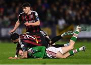 17 February 2023; Matt Healy of Cork City tussles with Declan McDaid of Bohemians during the SSE Airtricity Men's Premier Division match between Cork City and Bohemians at Turner's Cross in Cork. Photo by Eóin Noonan/Sportsfile